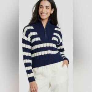 a new day Navy and Cream Striped Half Zip Sweater - Sz XL